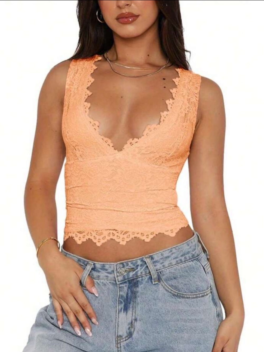 Lace Cropped Deep V-Neck Sleeveless Tank Top